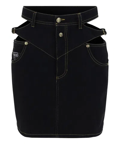 Versace Jeans Couture Baroque Buckle Denim Mini Skirt In Black