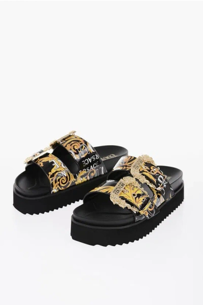 Versace Jeans Couture Baroque Motif Arizona Sandals With Double Gold In Black