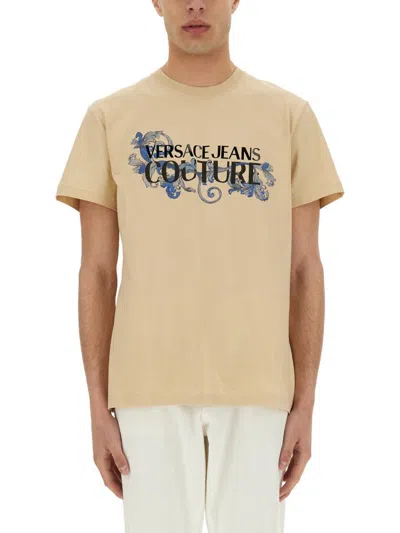Versace Jeans Couture Baroque Logo Crew Neck T-shirt In Beige