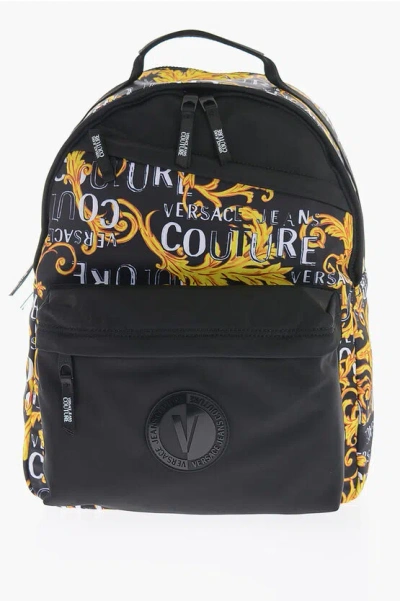 Versace Jeans Couture Baroque Patterned Fabric Backpack In Black