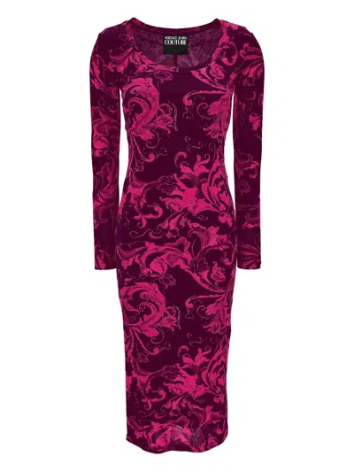 Versace Jeans Couture Baroque-print Long-sleeve Midi Dress In Burgundy