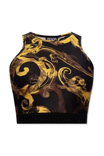 Versace Jeans Couture Baroque Print Racerback Top In Black/gold