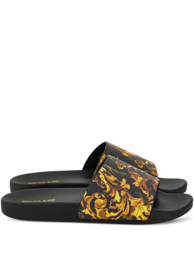 Versace Jeans Couture Baroque-print Slides In Black