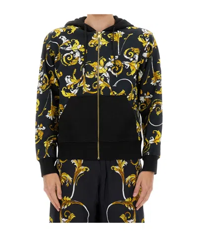 Versace Jeans Couture Baroque Printed Zipped Hoodie In Black