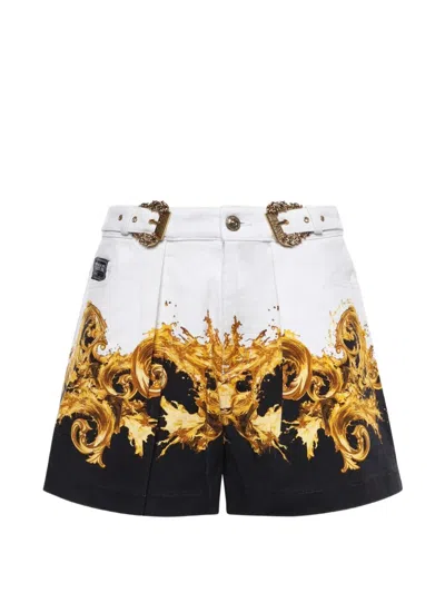 Versace Jeans Couture Baroque-print Belted Denim Shorts In White
