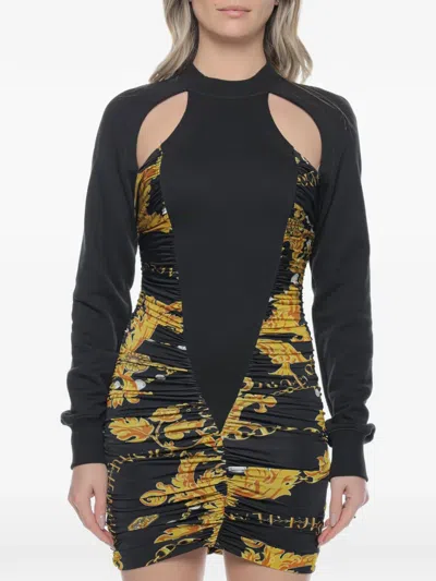 Versace Jeans Couture Baroque-print Ruched Dress In Black