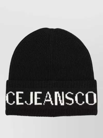 Versace Jeans Couture Beanie Hat Wool Acrylic Ribbed Turn Up In Black