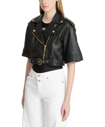 Versace Jeans Couture Short Sleeve Faux-leather Moto Jacket In Black