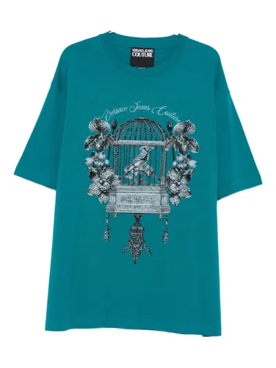 Versace Jeans Couture Birdcage-print Embellished T-shirt In Blue