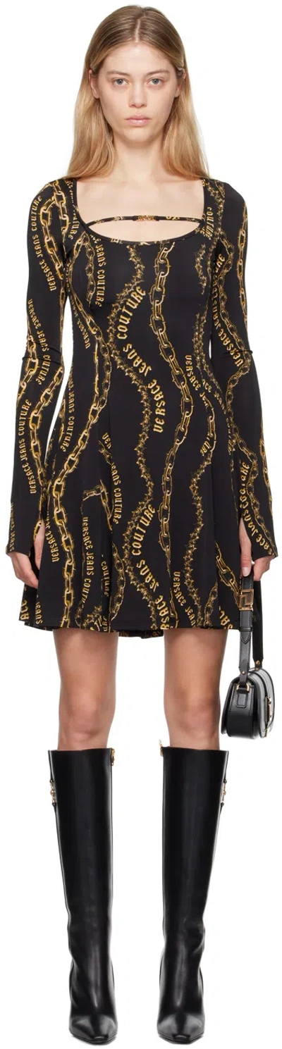 VERSACE JEANS COUTURE BLACK & GOLD CHAIN COUTURE FLARED MINIDRESS 