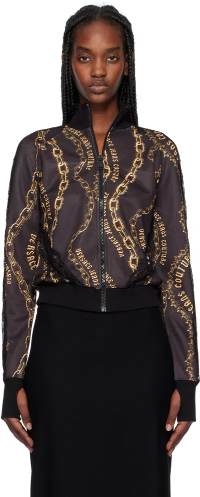 Versace Jeans Couture Black & Gold Chain Couture Lace Zip Sweatshirt In Eg89 Black/gold