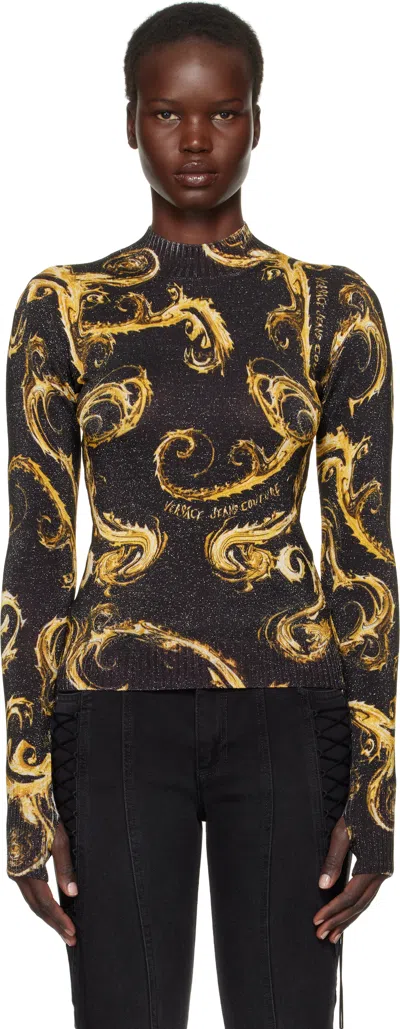 Versace Jeans Couture Black & Gold Chromo Couture Lurex Knit Sweater In Eg89 Black/gold