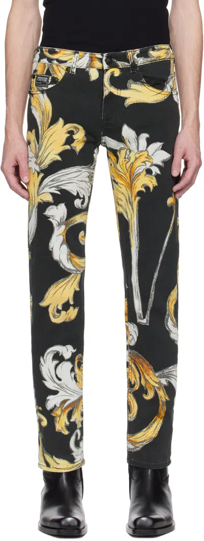 Versace Jeans Couture Black & Gold Piece Number Slim Barocco Jeans In Eg89-black/gold