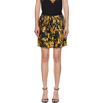 Versace Jeans Couture Black & Gold Porcelain Barocco Pleated Miniskirt In Multi