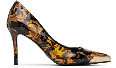 Versace Jeans Couture Black & Gold Scarlett Logo Couture Mid Heels In Multi
