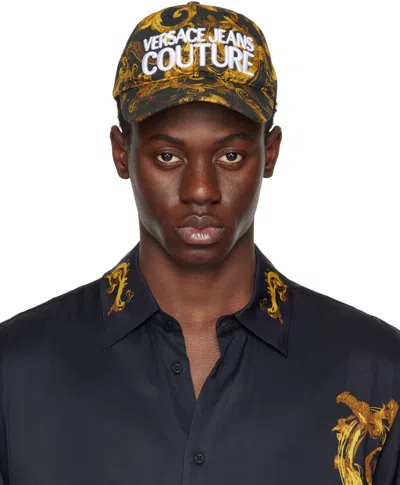 Versace Jeans Couture Black & Gold Watercolor Couture Baseball Cap In Eg89 Black/gold