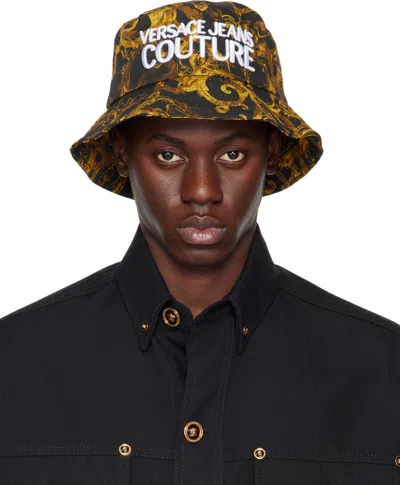 Versace Jeans Couture Black & Gold Watercolor Couture Bucket Hat In Eg89 Black/gold