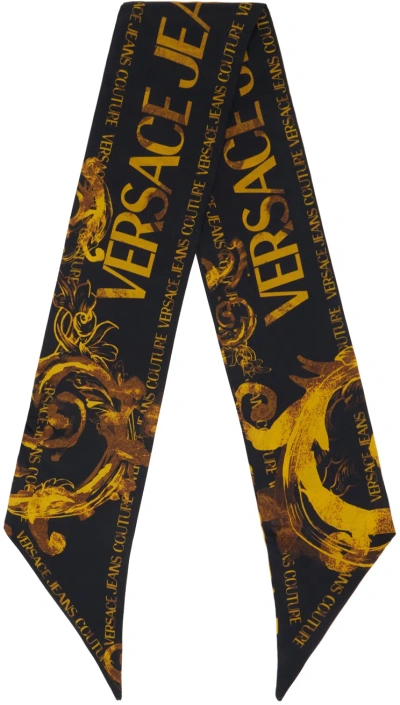 Versace Jeans Couture Black & Gold Watercolor Couture Scarf In Eg89 Black/gold