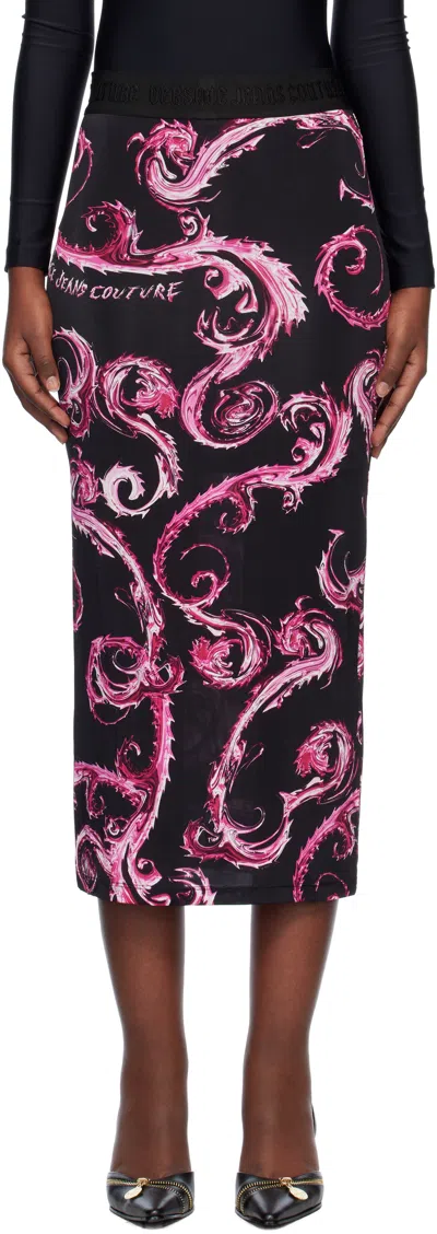 Versace Jeans Couture Black & Purple Barocco Midi Skirt In Eqy2 899 Black + 477