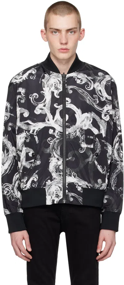 Versace Jeans Couture Black & White Watercolor Couture Reversible Bomber Jacket In E899 Black