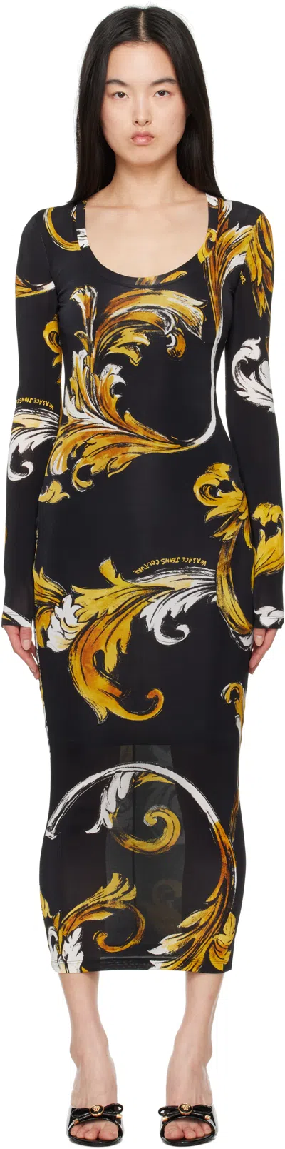 Versace Jeans Couture Black & Yellow Outline Barocco Midi Dress In Eg89 Black/gold