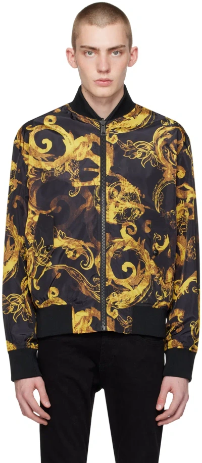 Versace Jeans Couture Black & Yellow Watercolor Couture Reversible Bomber Jacket In Blue