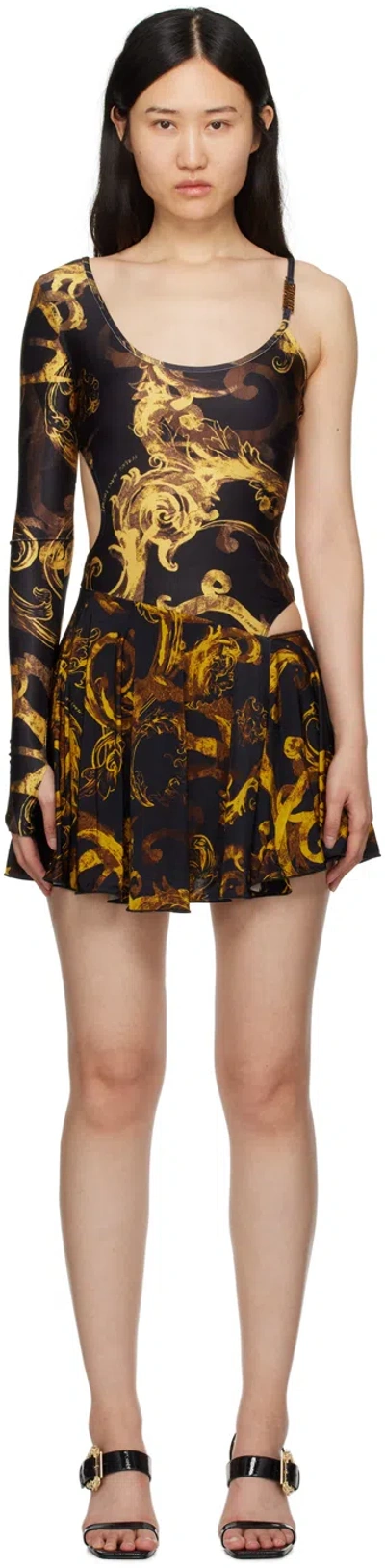 Versace Jeans Couture Black Asymmetric Bodysuit Minidress In Eg89 Black/gold