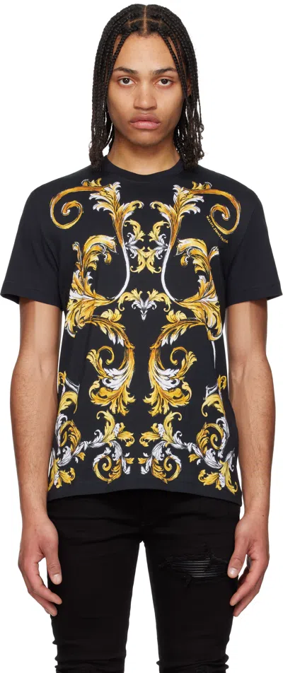 Versace Jeans Couture Black Barocco Outline T-shirt In Eg89-black/gold