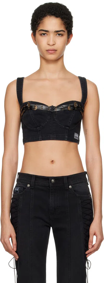VERSACE JEANS COUTURE BLACK BAROQUE BUCKLE DENIM BUSTIER