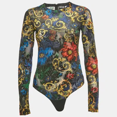 Pre-owned Versace Jeans Couture Black Baroque Mesh & Velvet Sheer Bodysuit S