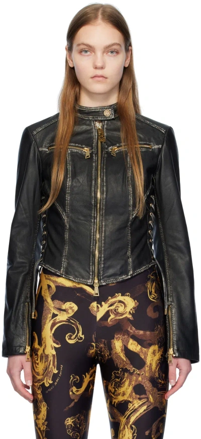 Versace Jeans Couture Black Bleached Leather Jacket In E899 Black