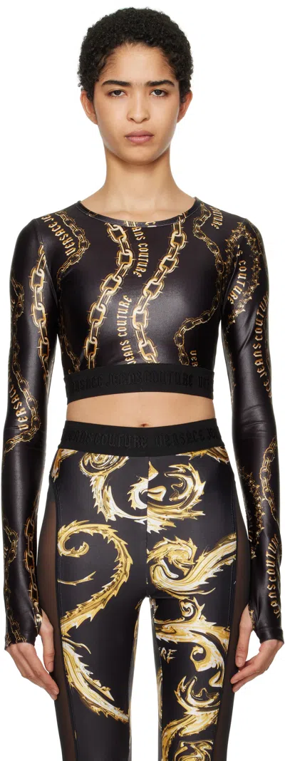 Versace Jeans Couture Black Chain Couture Crop T-shirt In Eg89 Black/gold