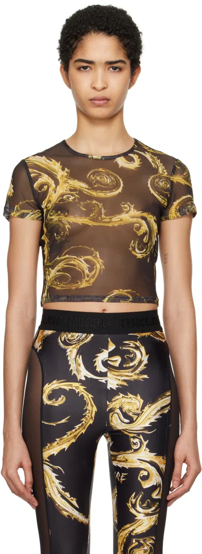 Versace Jeans Couture Black Chromo Couture Mesh Crop T-shirt In Eg89 Black/gold