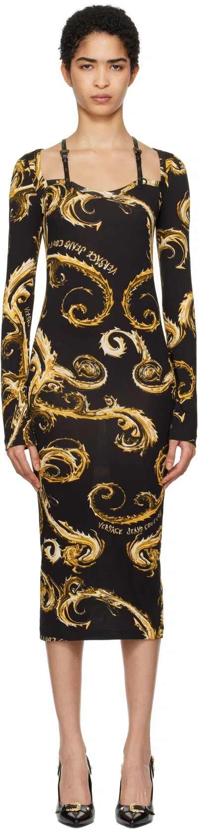 Versace Jeans Couture Black Chromo Couture Midi Dress In Eg89 Black/gold