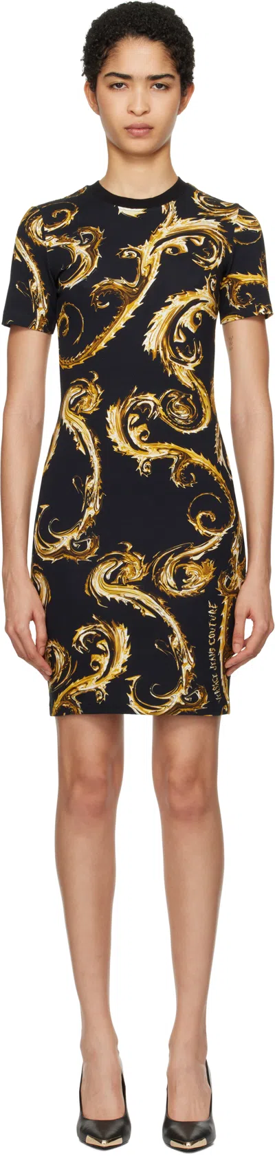 Versace Jeans Couture Black Chromo Couture T-shirt Minidress In Eg89 Black/gold