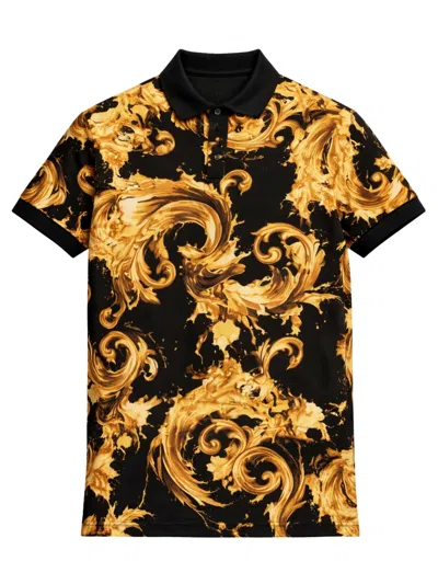 Versace Jeans Couture Black Cotton Gold Baroque Polo Shirt In Yellow