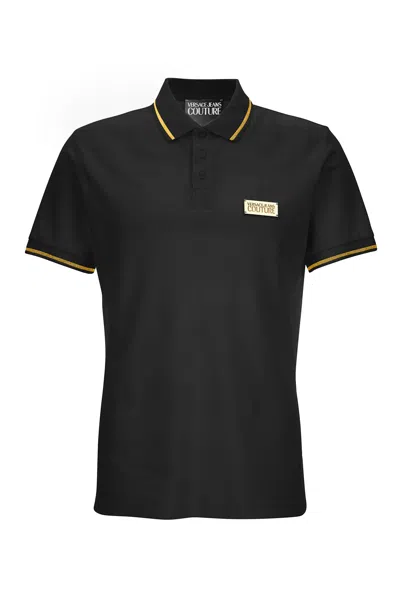 Versace Jeans Couture Black Cotton Polo Shirt With Gold Details And Logo