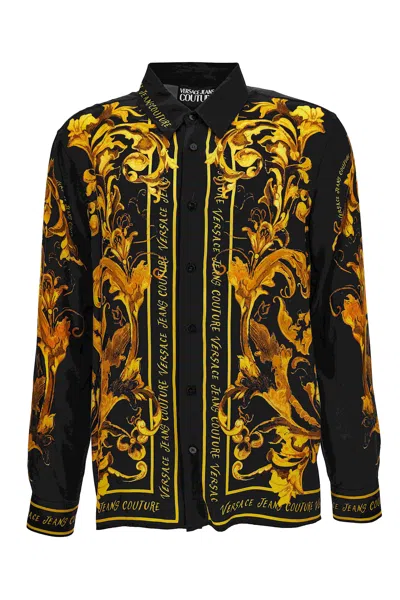 Versace Jeans Couture Black Cotton Shirt With Gold Baroque Print
