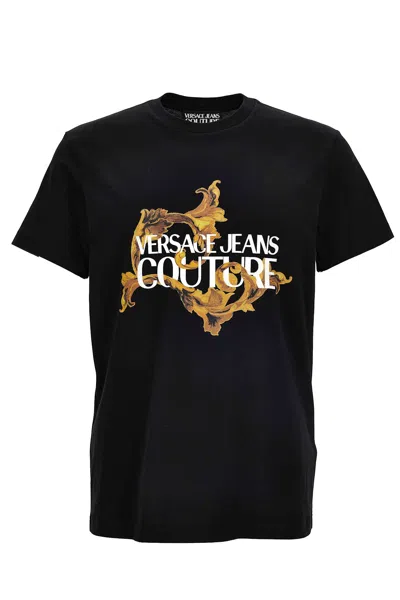 Versace Jeans Couture Black Cotton T-shirt With Logo And Baroque Print
