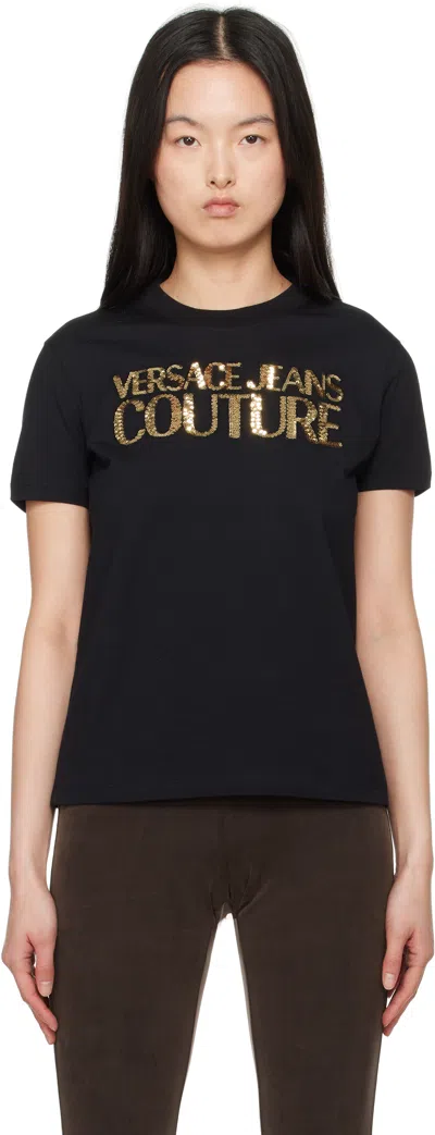 Versace Jeans Couture Black Crystal Institutional Logo T-shirt In Eg89 Black/gold