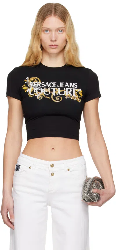 Versace Jeans Couture T-shirt With Crystals "outline Baroque" In Black