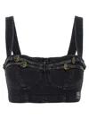 Versace Jeans Couture Baroque Buckle Denim Top With Heart Neck In Black