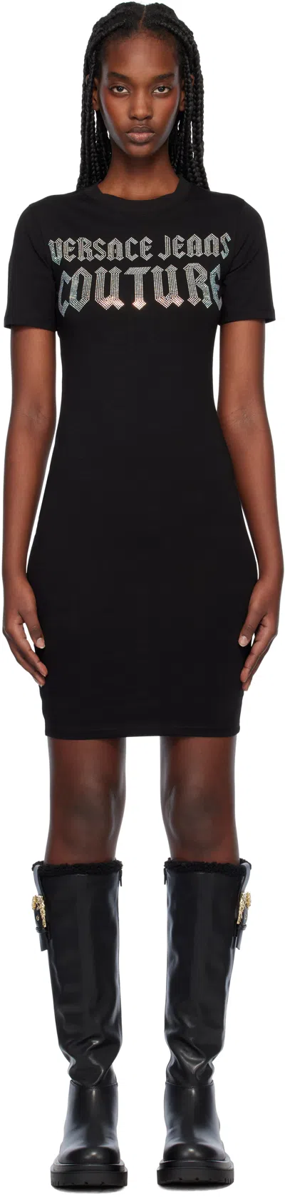 Versace Jeans Couture Black Gothic Logo T-shirt Minidress In E899 Black