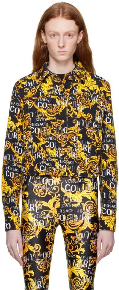 Versace Jeans Couture Black Graphic Denim Jacket In Eg89 Black/gold