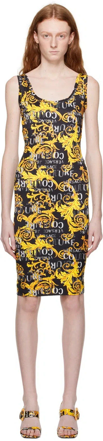Versace Jeans Couture Black Graphic Midi Dress In Eg89 Black/gold