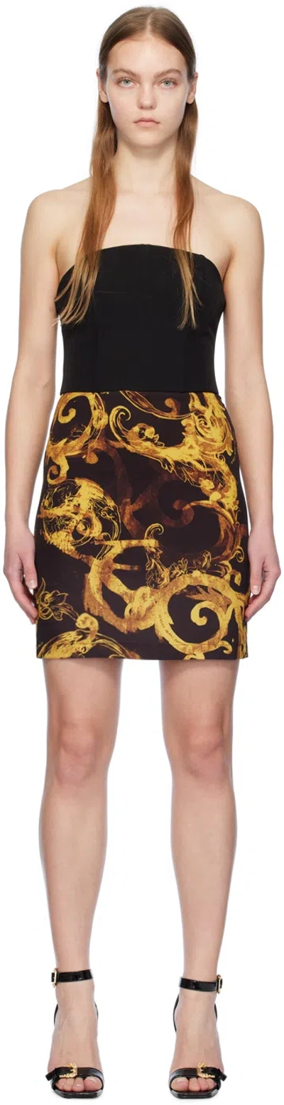 Versace Jeans Couture Black Graphic Minidress In Eg89 Black/gold