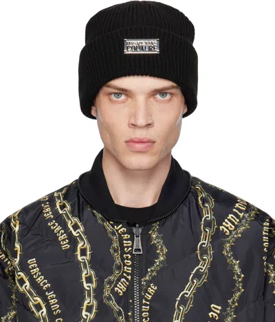 Versace Jeans Couture Black Knit Logo Beanie In E899-black