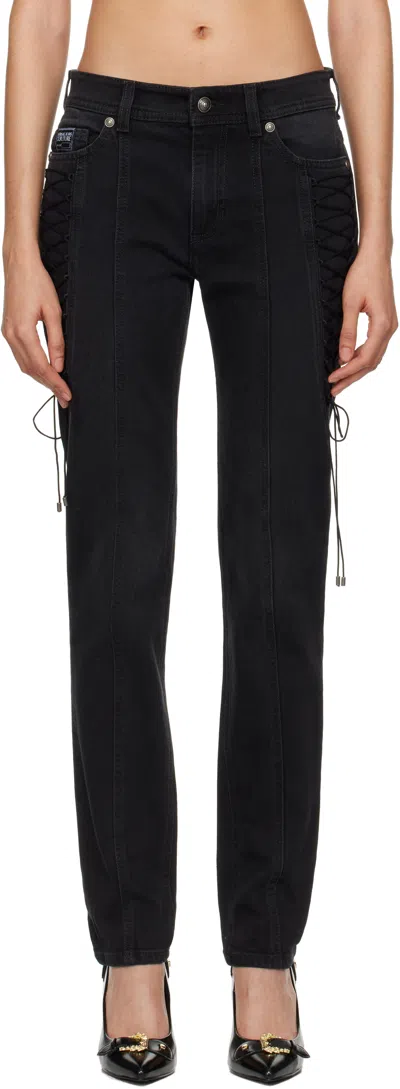 Versace Jeans Couture Black Lace-up Slim-fit Jeans In E909 Black Black