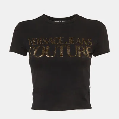 Versace Jeans Couture Black Logo Embellished Cotton Crop Top