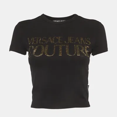 Pre-owned Versace Jeans Couture Black Logo Embellished Cotton Crop Top S
